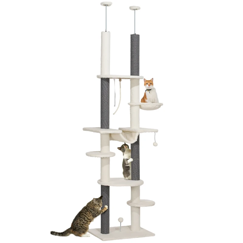 PawHut Arbre à Chat, haut jusqu'au plafond, ajustable 225-255 cm, Plateformes & Hamacs, Dispositif anti-basculement, Blanc