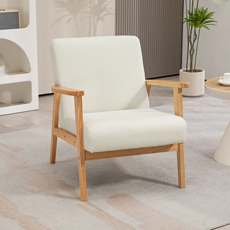 HOMCOM Loungesessel Lounge Relaxsessel Einfacher Sessel für Schlafzimmer Gestell aus Hevea-Holz Leinenbezug Creme