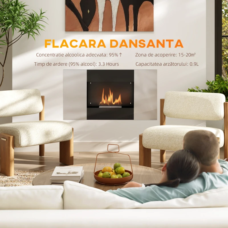 HOMCOM Șemineu pe Bioetanol de 0,9L pentru Durată de 3,3 ore, Bioșemineu Încastrabil din Oțel și Sticlă, 100x15x54 cm, Negru