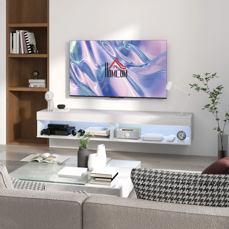 HOMCOM Schwebendes Wand-Meuble TV mit LED-Beleuchtung für Fernseher bis zu 75 Zoll, Regale, 180L x 40B x 30H cm, weiß