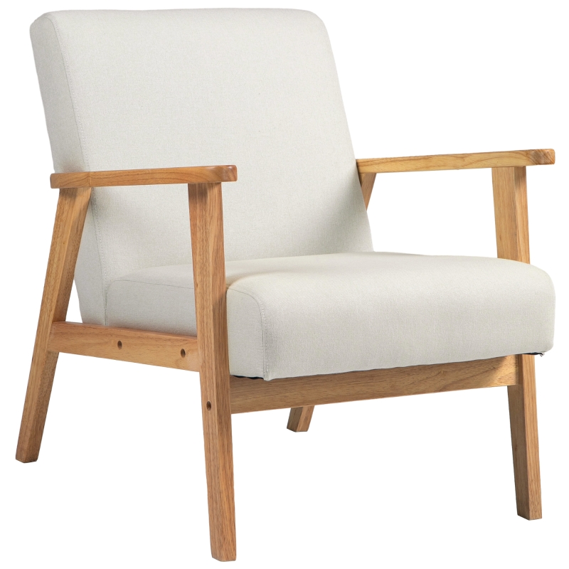 HOMCOM Loungesessel Lounge Relaxsessel Einfacher Sessel für Schlafzimmer Gestell aus Hevea-Holz Leinenbezug Creme
