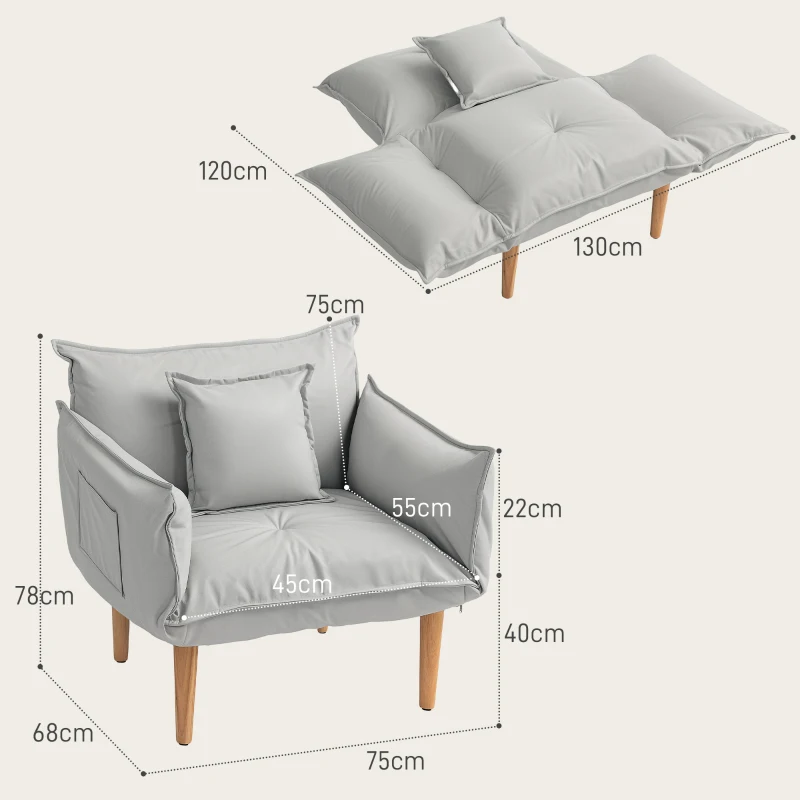 HOMCOM 2-in-1 Verstelbare Loungefauteuil, Vloersofa met Kussen, Gepolsterde Stoel, voor Woonkamer, Slaapkamer, Lichtgrijs