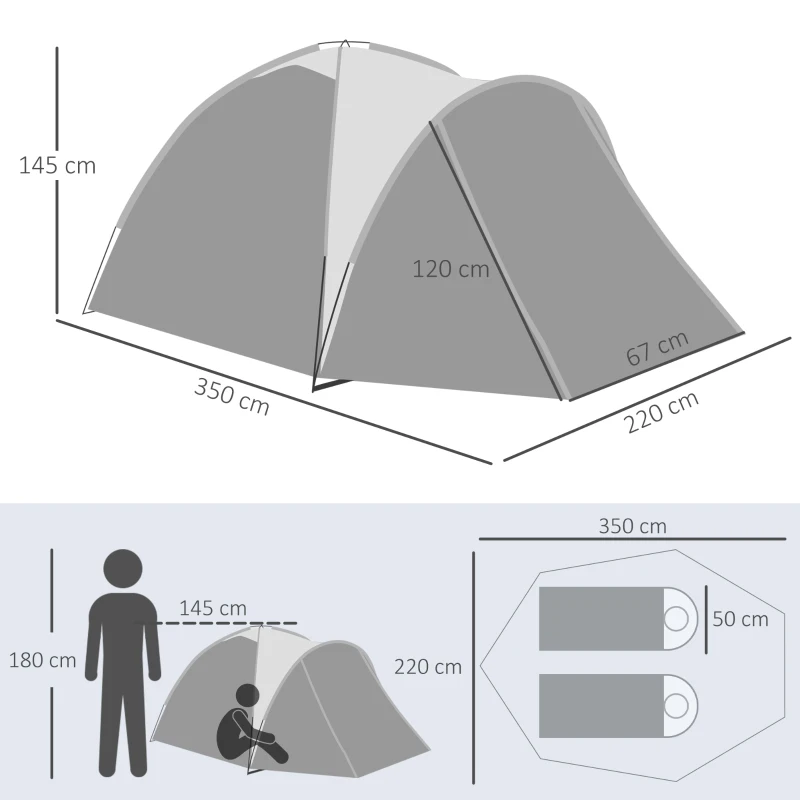Outsunny Tente de Camping pour 2-3 Personnes en fibre de verre Porte à Fermeture éclair Fenêtre en filet avec Sac de Transport Tente Dôme 190T Similicuir 2000mm Fibre de verre Gris
