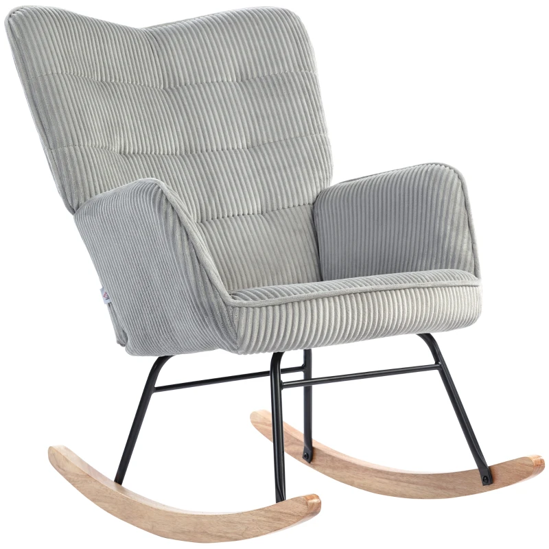 HOMCOM Fauteuil à bascule vintage, patins courbés, rembourrage épais, hêtre & acier, Gris clair