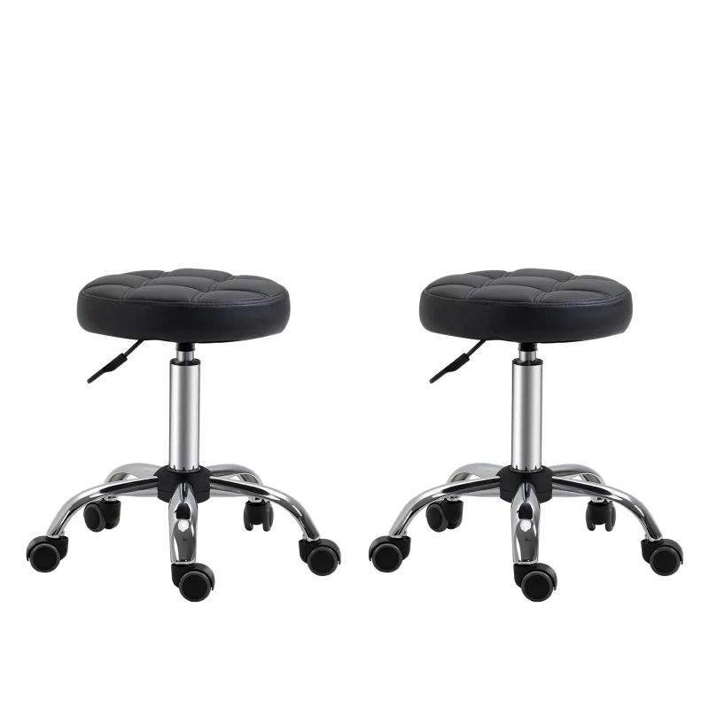 HOMCOM Lot de 2 Tabourets à roulettes réglables en hauteur et pivotants, tabouret de travail avec roues pour salon, bureau, simili cuir, Ø35,5 x 63 cm, Noir