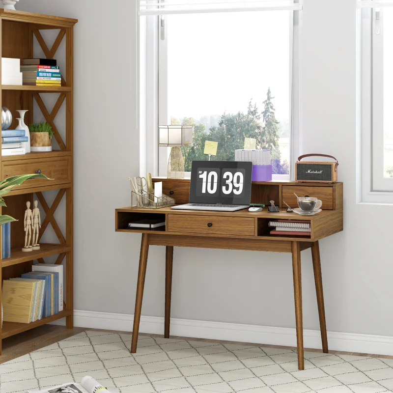 HOMCOM Schreibtisch Arbeitstisch Vintage-Design mit 3 Schubladen 3 Fächern Massivholzbeinen 110 x 54 x 91,5 cm Nussbaum-Optik