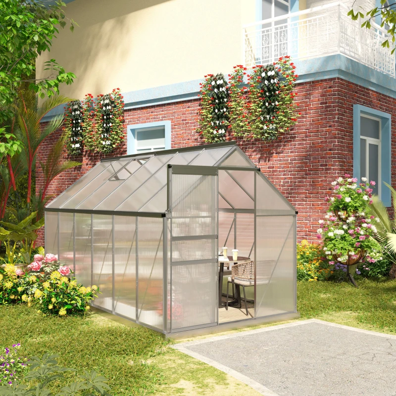Outsunny Gewächshaus aus Polycarbonat 7,1 m² mit den Maßen 1,9L x 3,75B x 1,99H m mit Fundament, einstellbarem Fenster, Schiebetür - Silber und Transparent