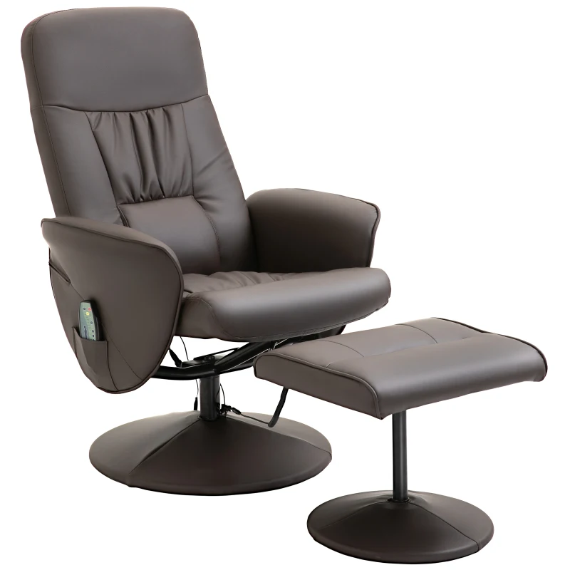 HOMCOM Fauteuil Relax avec Repose-Pieds, Fauteuil de Massage Électrique avec Fonction de Couchage, 10 Points de Massage, Fauteuil TV Pivotant avec Pochette Latérale, Télécommande, Similicuir, Marron