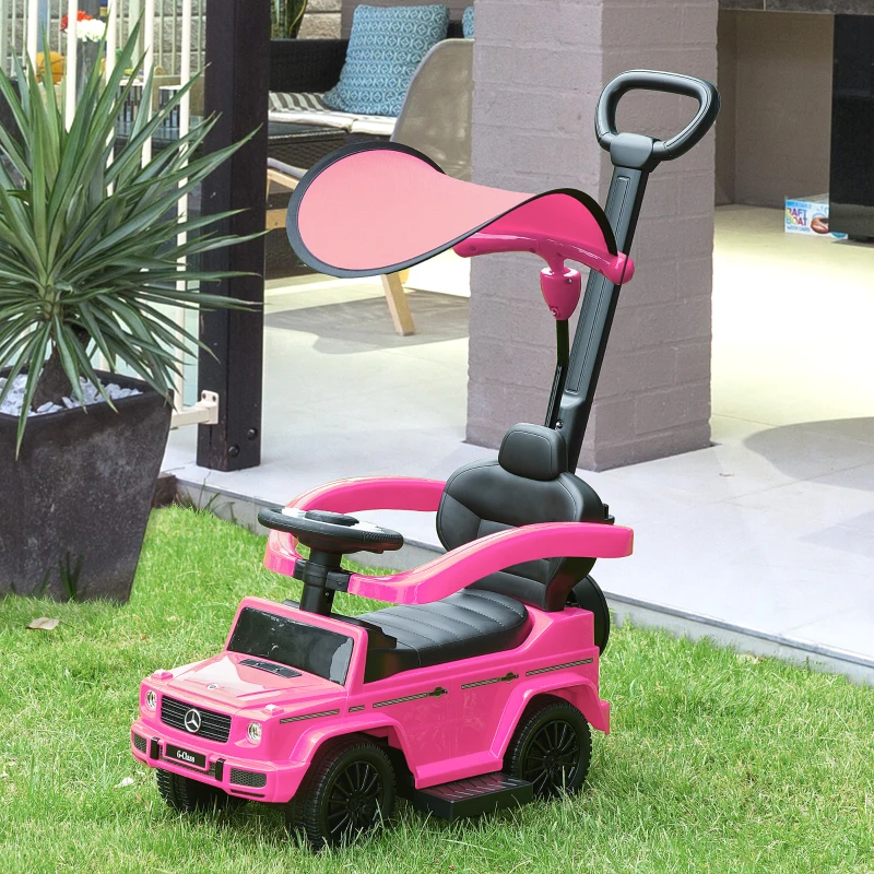 HOMCOM Kinderfahrzeug Auto Kind Multi-ausgestattet 12-36 Monate Hupe Trittbrett, Geländer und Sonnenschirm Rosa