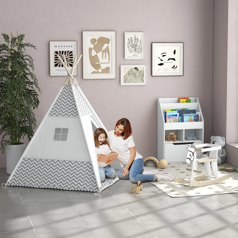 HOMCOM Indianer-Tipi Spielzelt für Kinder Grafikdesign - Maße 1,2L x 1,2B x 1,55H m - Verschließbare Tür Fenster Teppich Kissen Transporttasche inklusive - Innen Außen Grau Weiß