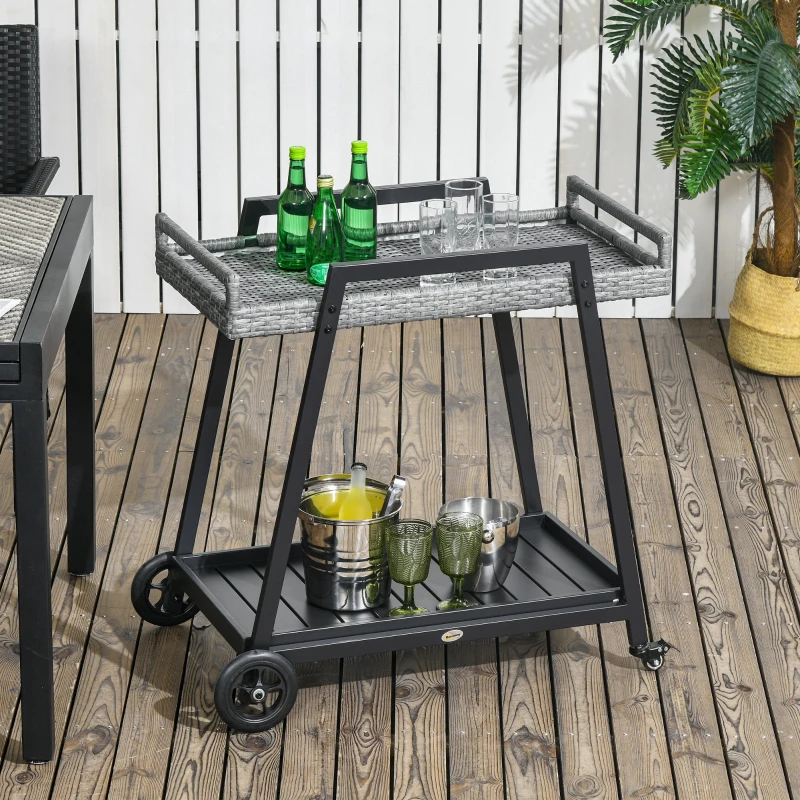 Outsunny Chariot de Barbecue BBQ-Roulotte, 1 Étagère, Rotin PE, 79 cm x 52 cm x 82 cm, Gris