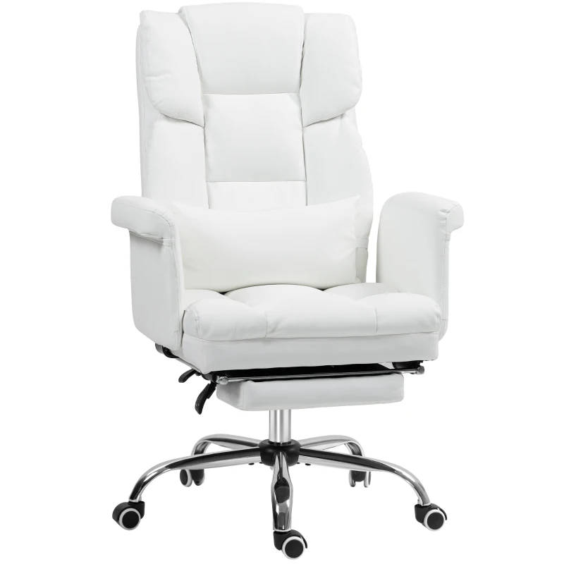 HOMCOM Chaise de bureau ergonomique, réglable en hauteur de 48-56 cm, dossier inclinable, repose-pieds, blanc