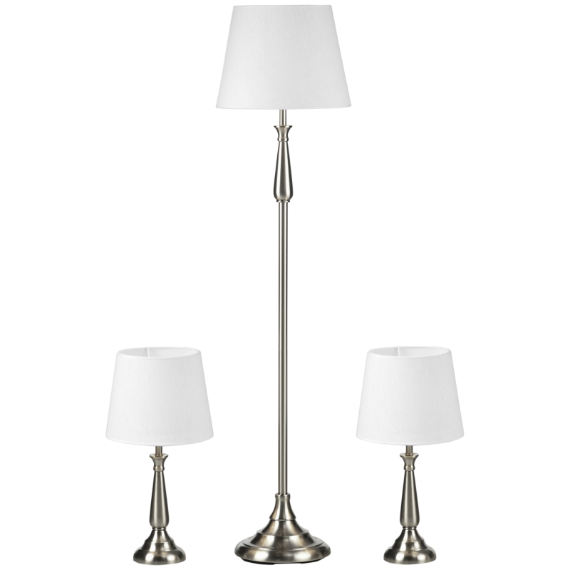 Ensemble de lampes HOMCOM 3 pièces au design vintage, 2 lampes de table, 1 lampe sur pied, 35,5 cm x 35,5 cm x 146 cm, Argent + Blanc