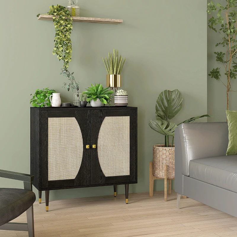 HOMCOM Buffet Küchenmöbel Aufbewahrung Bohème Doppeltüren mit 2 Ebenen, Rattanfront 80 x 38 x 79 cm Schwarz