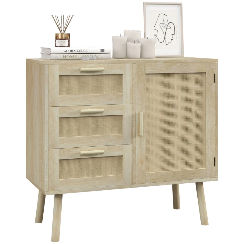 HOMCOM Schrankmöbel im bohemianischen Stil mit 3 Schubladen und 1 Tür mit Rattanfronten - Abm. 80L x 36B x 75H cm