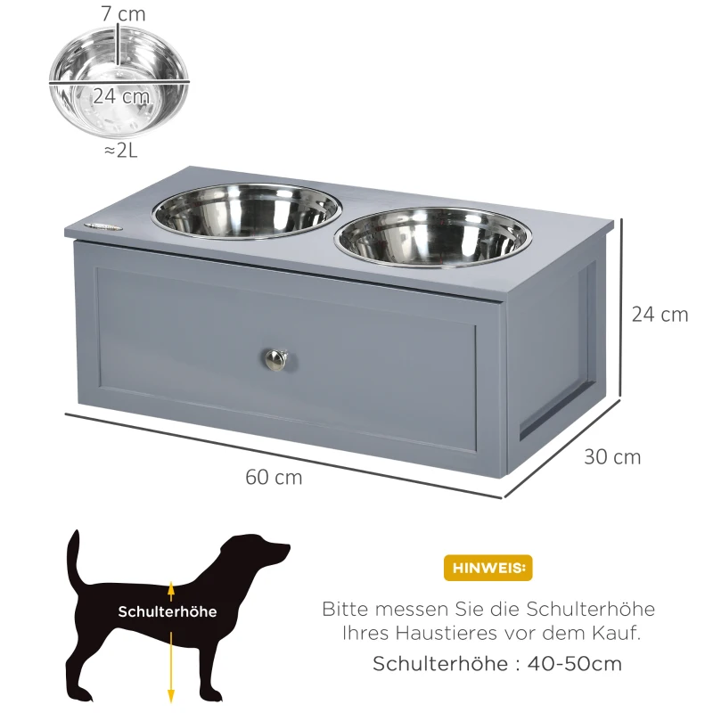 PawHut Futterstation, 2 Bols à manger de 2 Litres chacun, en Acier Inoxydable, avec Tiroir, pour Chiens de Taille Moyenne, Gris, 60 x 30 x 24 cm