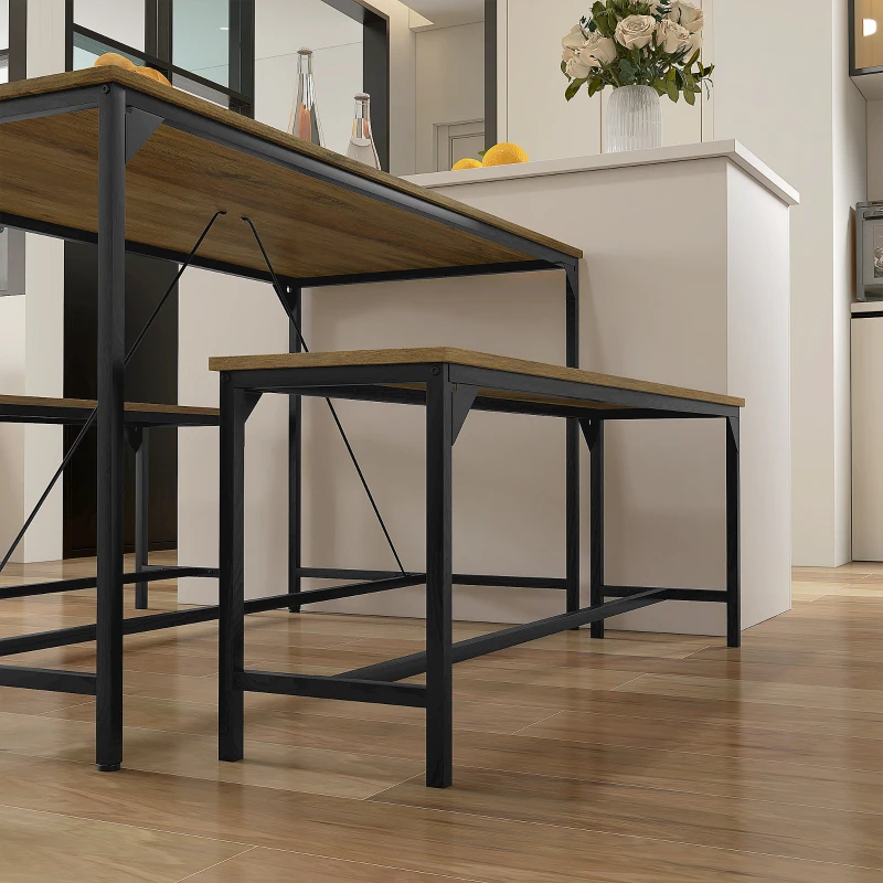 HOMCOM Ensemble de table à manger, Table & 2 bancs, Design industriel, Cadre en acier, Décor bois/Noir