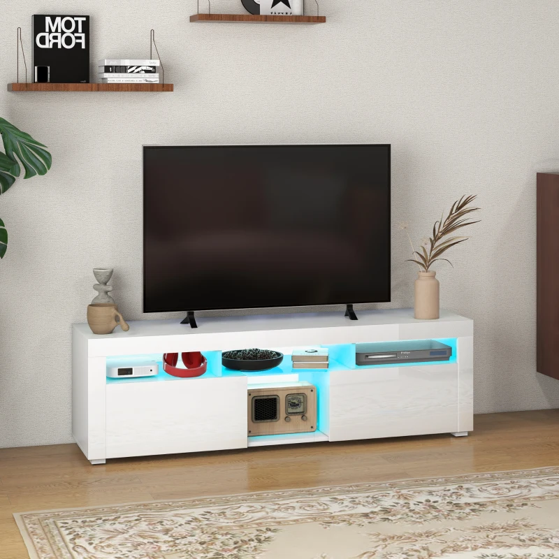 HOMCOM TV-Schrank, TV-Ständer, bis zu 55 Zoll, mit LED, Regalen und Schränken, 150 x 38 x 45 cm, Hochglanz Weiß