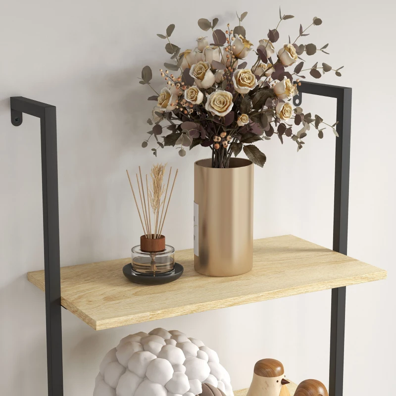 HOMCOM Wandregal Leiterregal Bücherregal Industriestil 6 Regale Schwarzer Stahl Natürliche Holzoptik Maße 60L x 30B x 206H cm