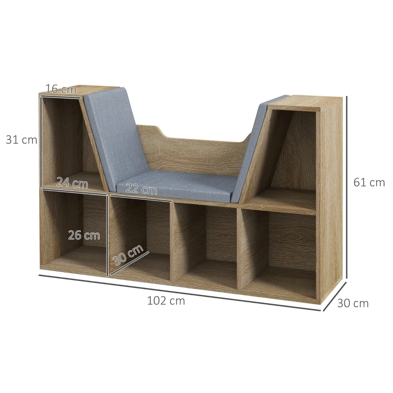 HOMCOM Bücherregal Bank 2-in-1 Design zeitgenössisch 6 Fächer 3 Kissen enthalten 102L x 30B x 61H cm Eiche Grau