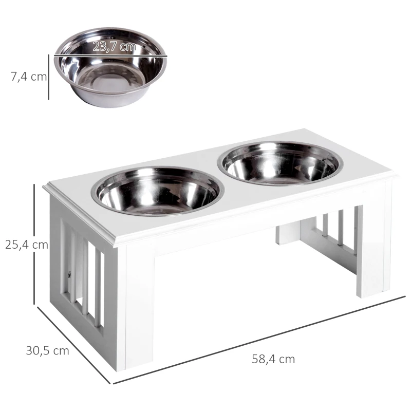 PawHut Station d'alimentation pour chiens, antidérapante, 58,4 x 30,5 x 25,4 cm, Blanc, 2 L par bol