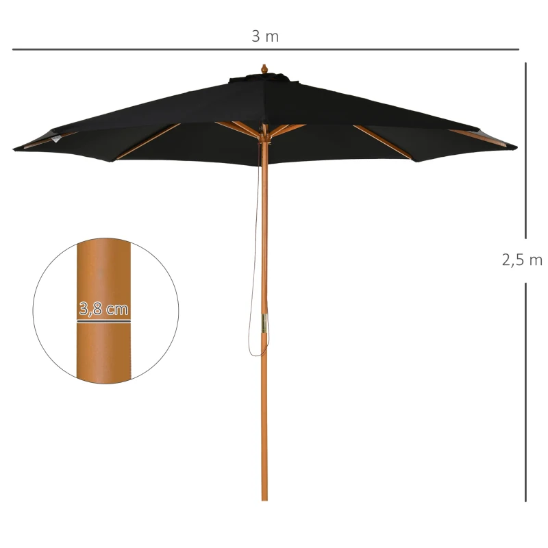Outsunny Parasol en bois 300 cm Parasol en bambou pour jardin/terrasse/balcon - Noir