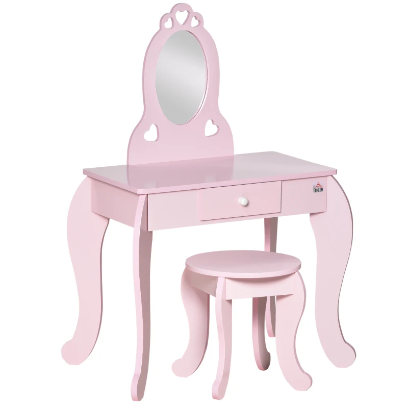 HOMCOM Kinder-Frisierkommode Mädchenhaftes Design mit Herzchenmotiven - Inkl. Hocker - Maße 60L x 36B x 88H cm - Schublade, Spiegel - MDF - Rosa