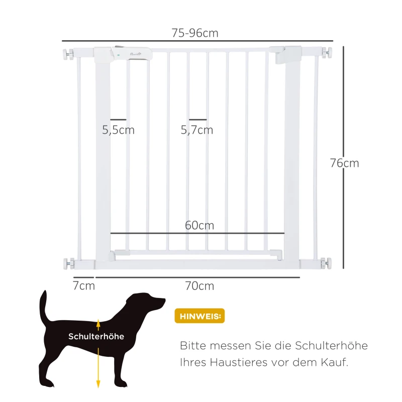 PawHut Barrière de Porte, Installation sans Perçage, Largeur Ajustable de 75-96 cm, Ouverture d'une Seule Main, Métal, Blanc, 76 cm de Hauteur