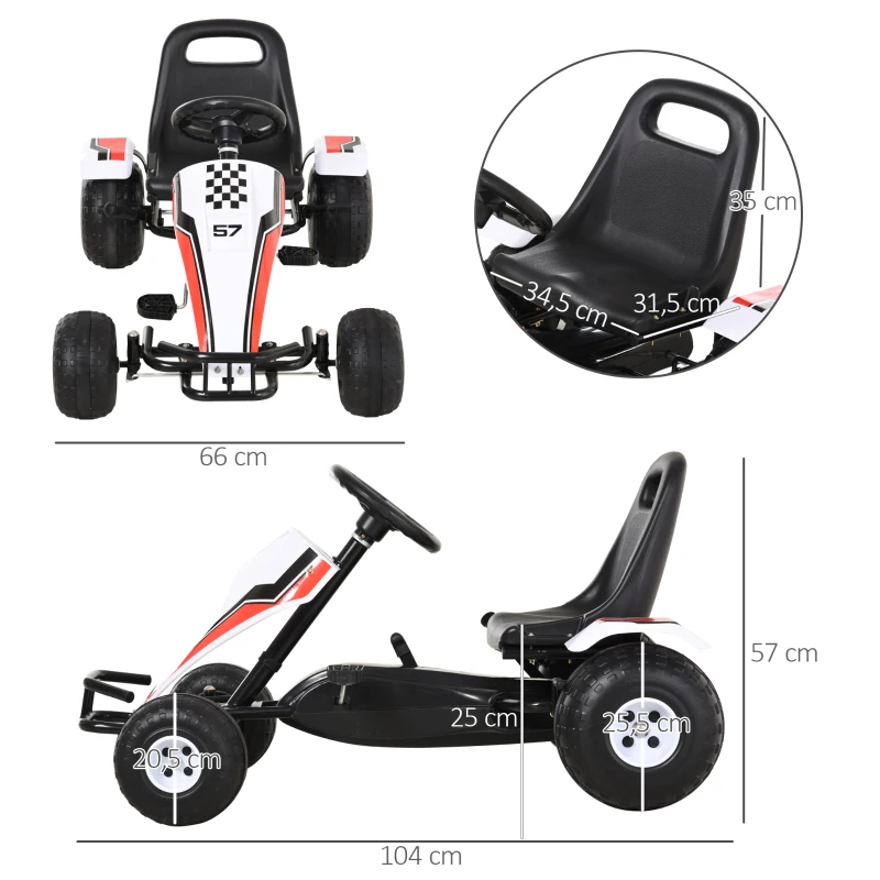 HOMCOM Kart à Pédales pour Enfants Véhicule à Pédales Jouet pour Enfants 3-6 Ans Acier Blanc 104 x 66 x 57 cm(m-3)
