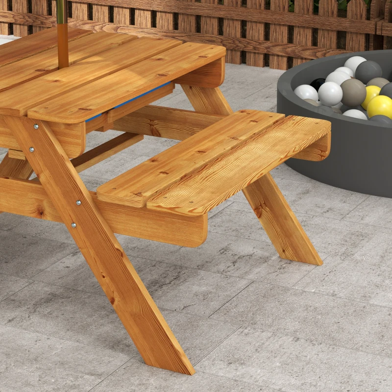 Outsunny Kindergarten Picknicktisch-Set mit Bänken, abnehmbarem Sonnenschirm, 2 Kunststoffbehältern, 2-in-1-Tisch für 4 Kinder