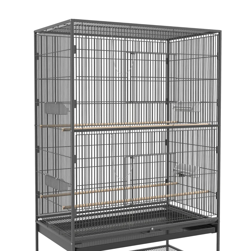 PawHut Cage à Oiseaux avec Perchoirs, Jouets pour Oiseaux, Tiroir Amovible, 1 Étagère, Gris