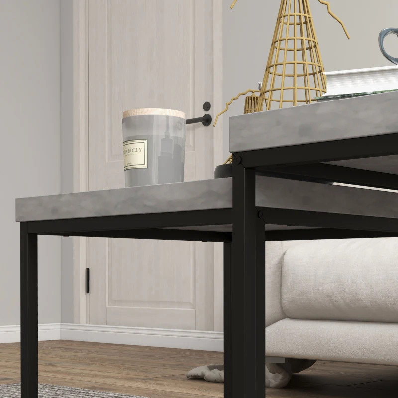 HOMCOM Set aus 2 stapelbaren quadratischen Couchtischen für das Wohnzimmer, mit Stahlgestell und grauen Holzplatten