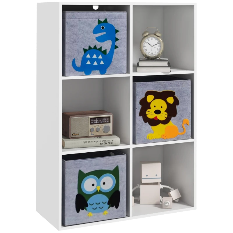 ZONEKIZ Kinderregal Bibliothek 6 Fächer 3 Würfel Stoffkörbe mit Tiermotiven für Kinderzimmer 62 x 30 x 91,5 cm weiß