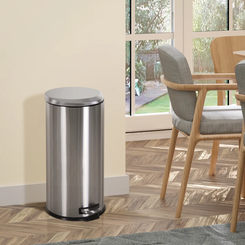 HOMCOM 30L Poubelle à pédale en acier inoxydable, poubelle avec seau intérieur, conteneur à déchets avec couvercle et pédale, pour salon, bureau, Ø29,2 x 62,5 cm