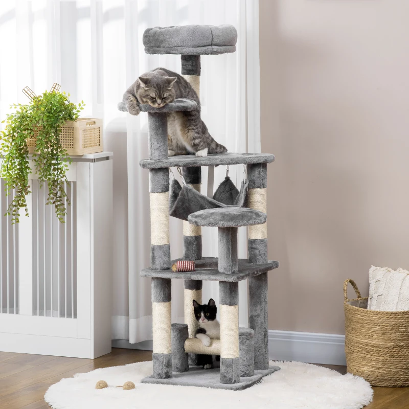 PawHut Arbre à Chat Grattoir pour Chat Tour de Jeu pour Chat Arbre à Chat Hamac Gris L40 x L40 x H132 cm