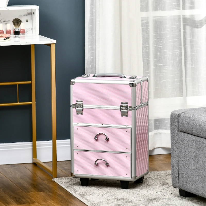 HOMCOM Kosmetikkoffer Trolley Make-up Koffer Kosmetikkoffer Vanity Verstellbarer Teleskopgriff 36L x 23B x 58H cm Alu ABS Rosa