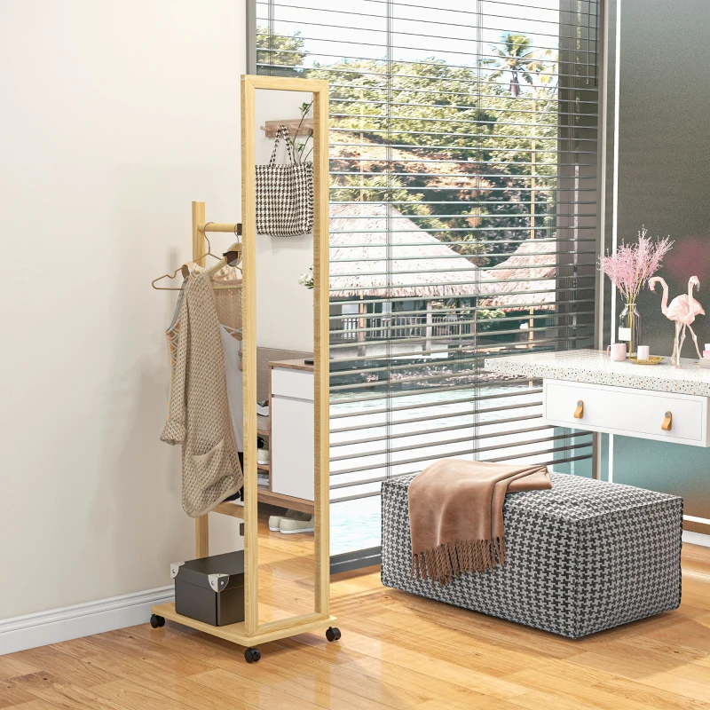 HOMCOM Stehender Spiegel mit Rollen und Multifunktionsaufbewahrung 1 Kleiderstange 1 Regal aus Naturholz