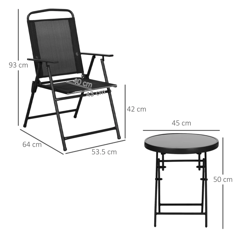 Outsunny Bistro-Set 3-teilig 2 Stühle + runder Beistelltisch gehärtetes Glas klappbar Epoxid-Metall atmungsaktives Netzgewebe