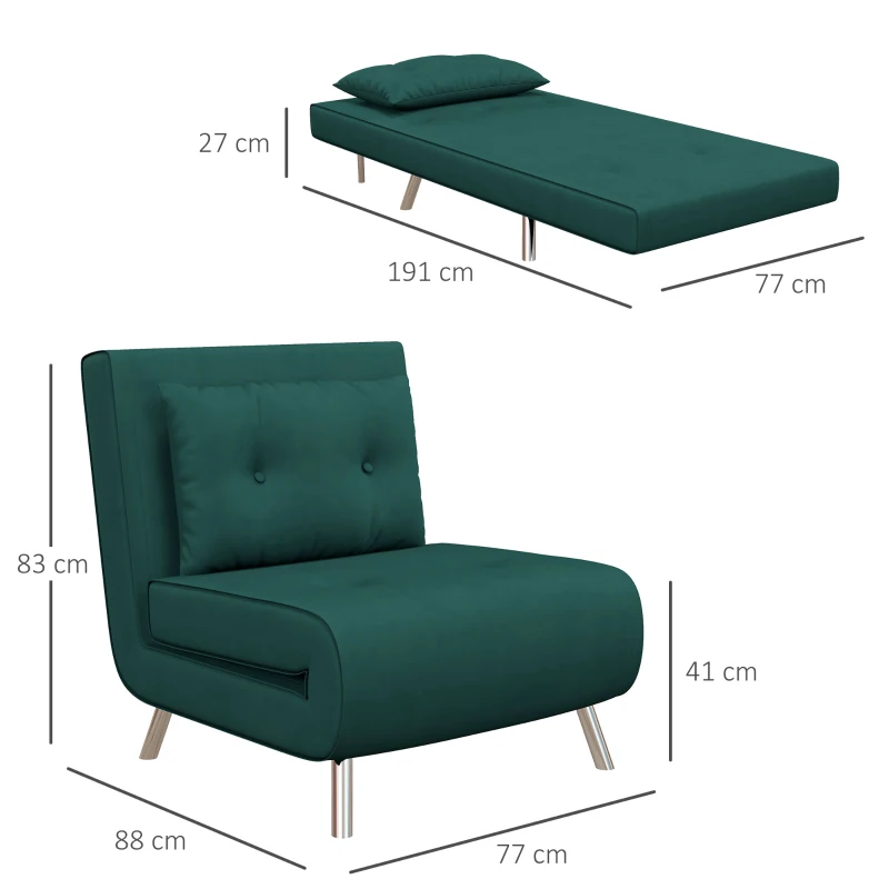 HOMCOM Fauteuil inclinable avec fonction lit Fauteuil de nuit, bouton capitonné, revêtement en lin, 77 cm x 88 cm x 83 cm, Vert
