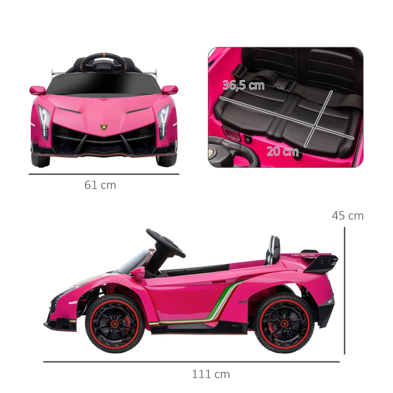 HOMCOM Voiture Électrique pour Enfants, Lamborghini Veneno sous Licence, 3-7 km/h, Portes Papillon, Lecteur Musical, Télécommande, Rose(m-3)