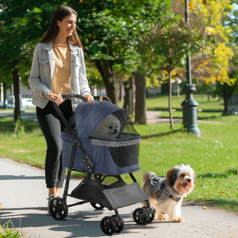 PawHut Chariot pour Chiens 2-en-1, Sac de Transport Amovible, Cadre Métallique Pliable, 77,5 x 51 x 99,5 cm, Bleu foncé + Noir