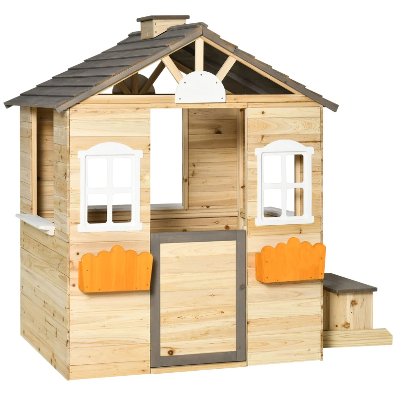 Outsunny Maison de Jeu en Bois pour Enfants avec Fenêtre Boîte aux Lettres Maison de Jardin Extérieure avec Support de Pot de Fleurs Maison de Jeu en Bois pour 3-7 Ans Bois de Pin Naturel 113 x 94 x 134,5 cm