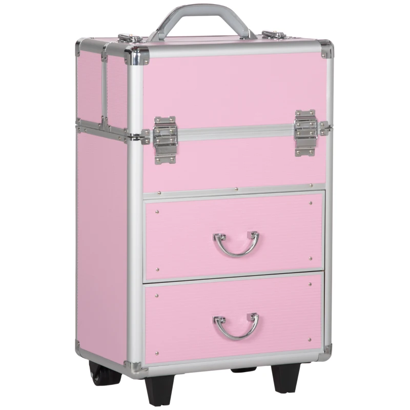 HOMCOM Kosmetikkoffer Trolley Make-up Koffer Kosmetikkoffer Vanity Verstellbarer Teleskopgriff 36L x 23B x 58H cm Alu ABS Rosa