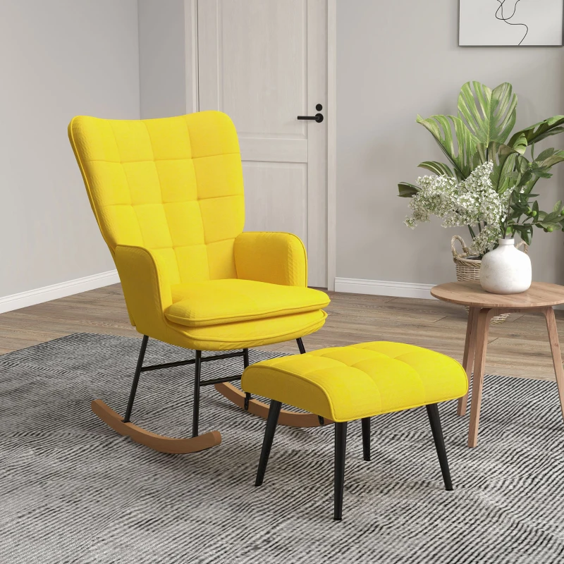 HOMCOM Rocking-chair avec Repose-Pied en Design Scandinave Rocking-chair avec Pouf, Bois de hêtre, Rembourrage, 64 cm x 89 cm x 90 cm Jaune