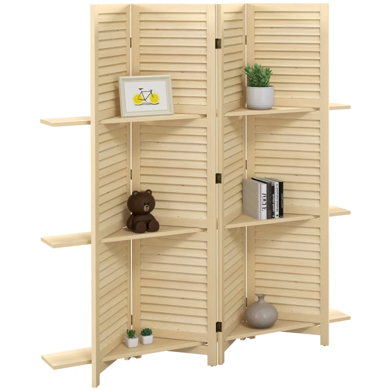 HOMCOM Innenraum-Paravent 4 Paneelen 160L x 170H cm 3 Regale faltbarer Raumteiler mit Lamellentüren natur