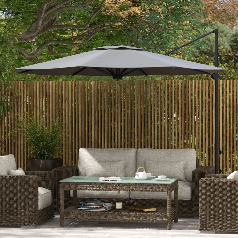 Outsunny Parasol déporté Ø3 m, inclinable, rotatif, manivelle, capuchon coupe-vent, mât en métal, gris foncé