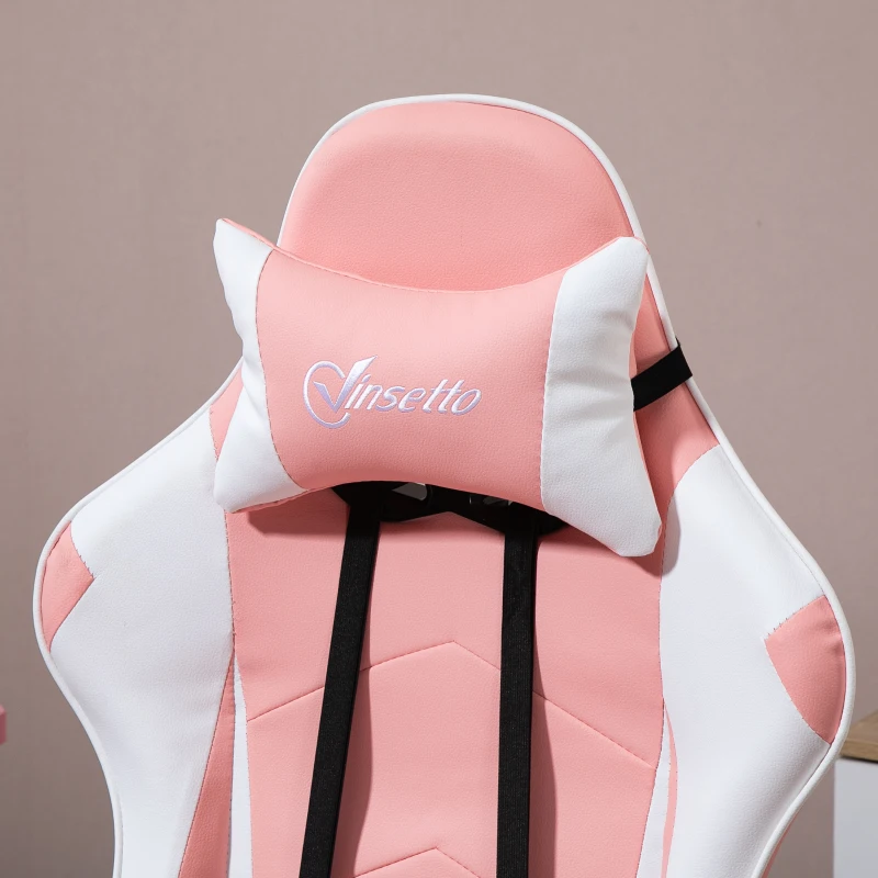 Vinsetto Gaming Stuhl Chaise de Bureau Ergonomique Fauteuil Gamer avec Appui-tête Coussin Lombaire Chaise de Bureau réglable en hauteur Rotative à 360° Mousse Cuir Artificiel PVC Rose+Blanc 64 x 67 x 119-127 cm