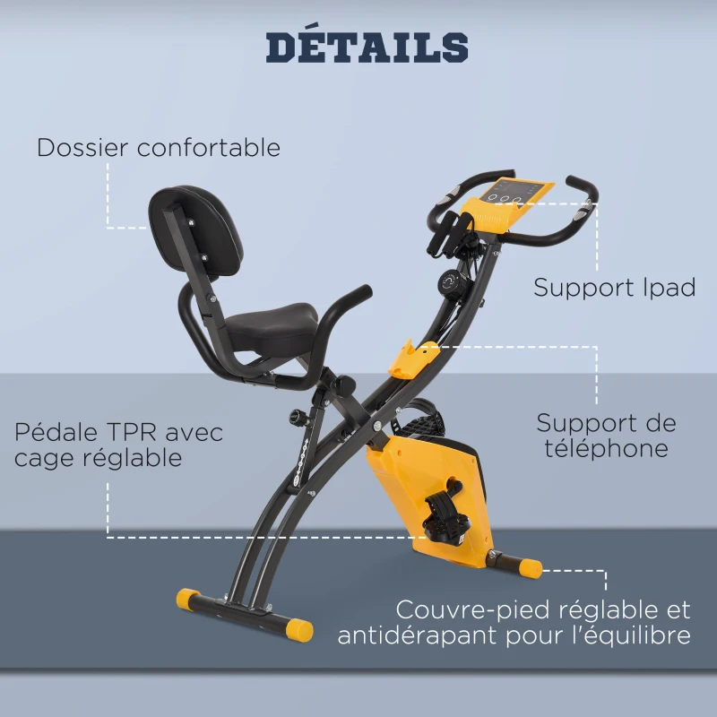 HOMCOM Faltbares Heimfahrrad, Heimtrainer für Erwachsene, 8 Stufen magnetischer Widerstand, Handpulssensoren, multifunktionales LCD-Display, verstellbarer Sitz, Stahl, Gelb, Grau