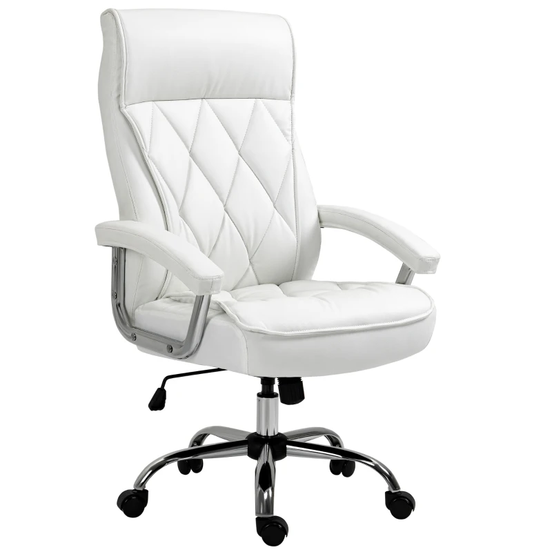 Vinsetto Chaise de Bureau Chaise de Direction Fauteuil de Bureau Chaise Pivotante Ergonomique avec Fonction Basculement Réglable en Hauteur Motif Losanges Moderne Elégant Luxueux Similicuir Métal Mousse Blanc 66x69x121 cm