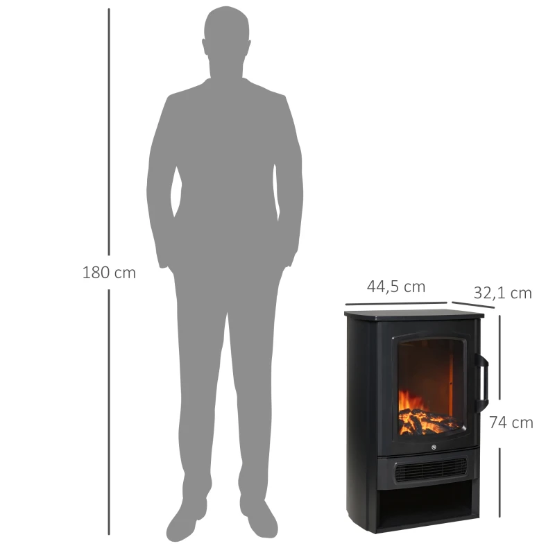 HOMCOM Cheminée Électrique avec Effet de Flamme Thémostat Poêle Chauffant 1000 W / 2000 W, 20-25 m², Noir 44,5x32,1x74 cm(m-3)